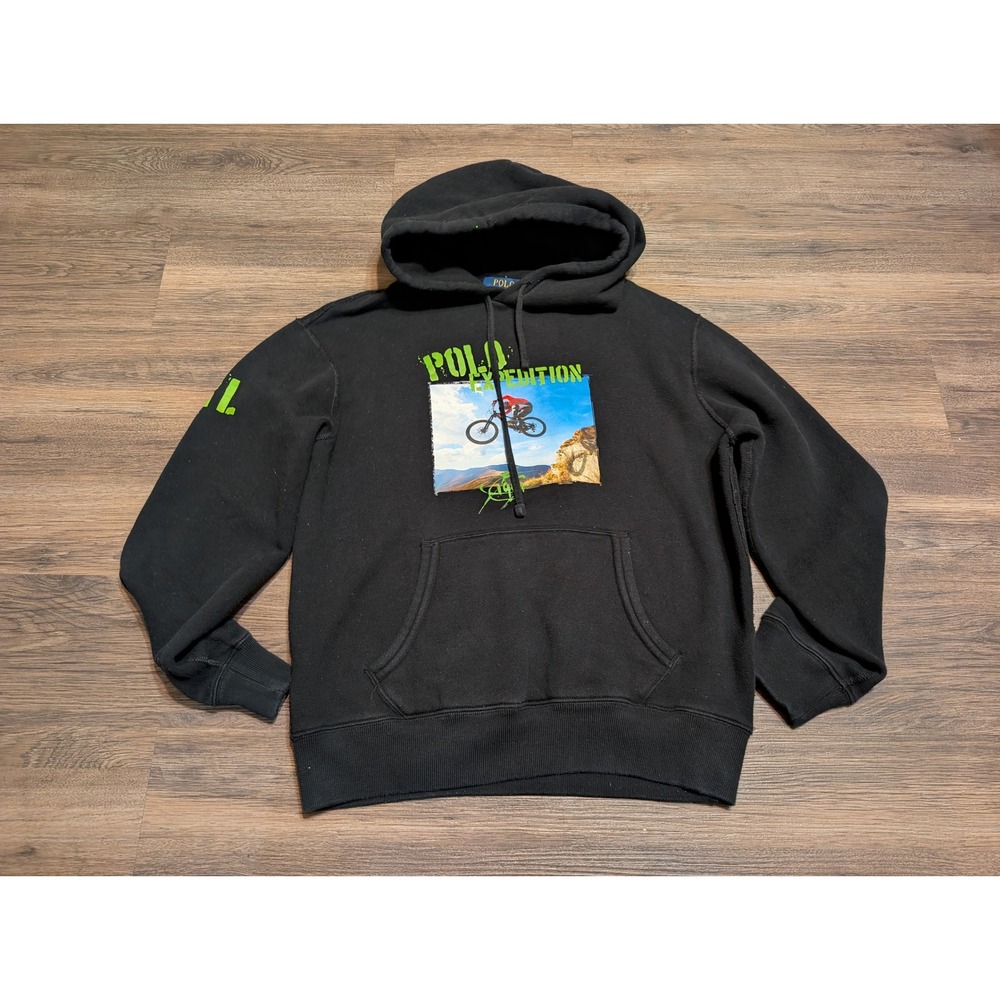Polo Ralph Lauren Expedition Mountain Bike Hoodie Mens Medium Black Neon Green - Picture 1 of 5